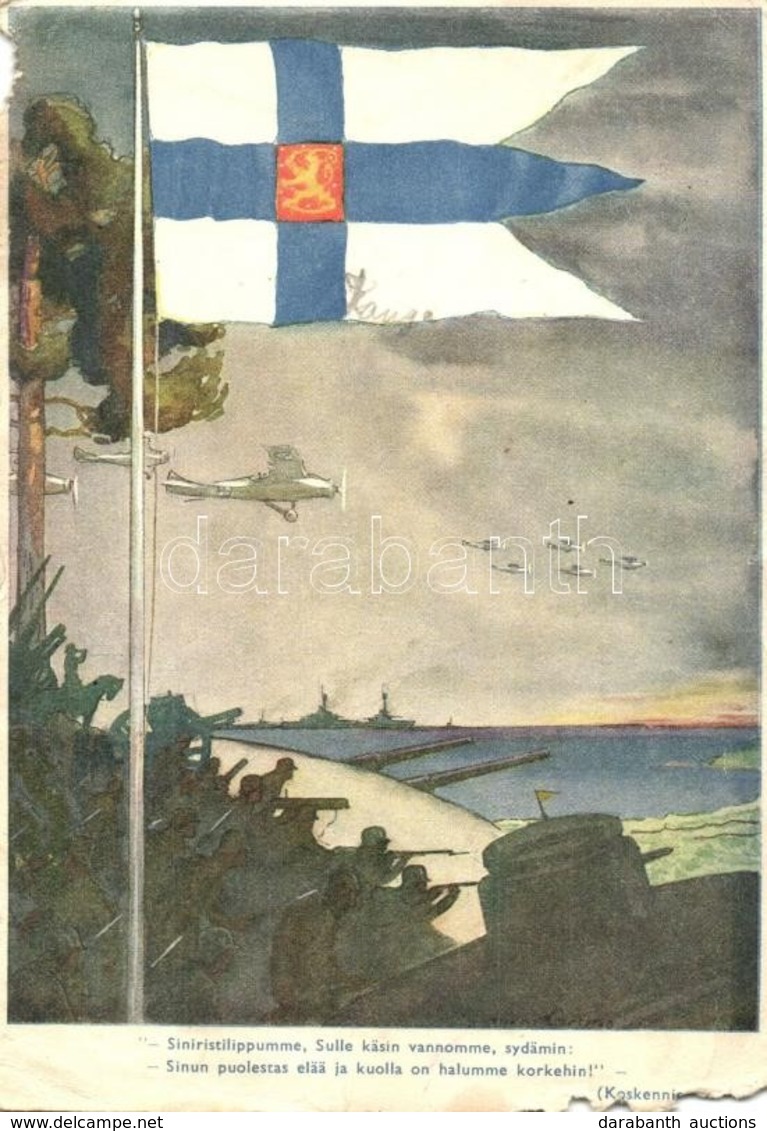 T4 WWII Finnish Military Art Postcard With Flag, Aircrafts And Warships. Kenttäpostia (EM) - Zonder Classificatie
