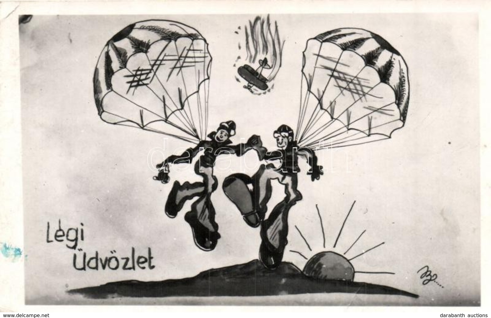 * T2/T3 1942 Légi üdvözlet / WWII Hungarian Military Pilots, Artist Signed  (EK) - Unclassified