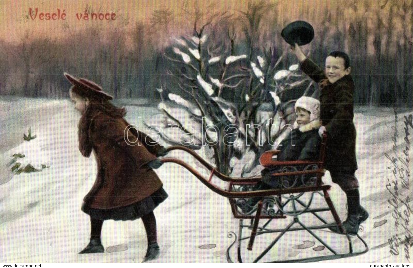 T2/T3 Veselé Vánoce / Christmas Greeting Art Postcard With Sled Drawn By A Girl (EK) - Zonder Classificatie