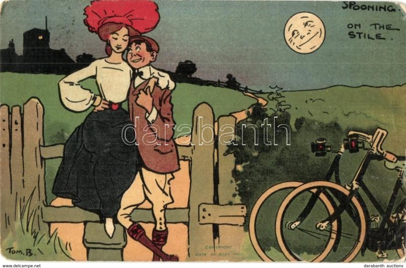 T3 1906 Spooning On The Stile. Couple With Bicycles, Art Postcard. Davidson Bros. Serie 2572. S: Tom Browne (kopott Sark - Zonder Classificatie