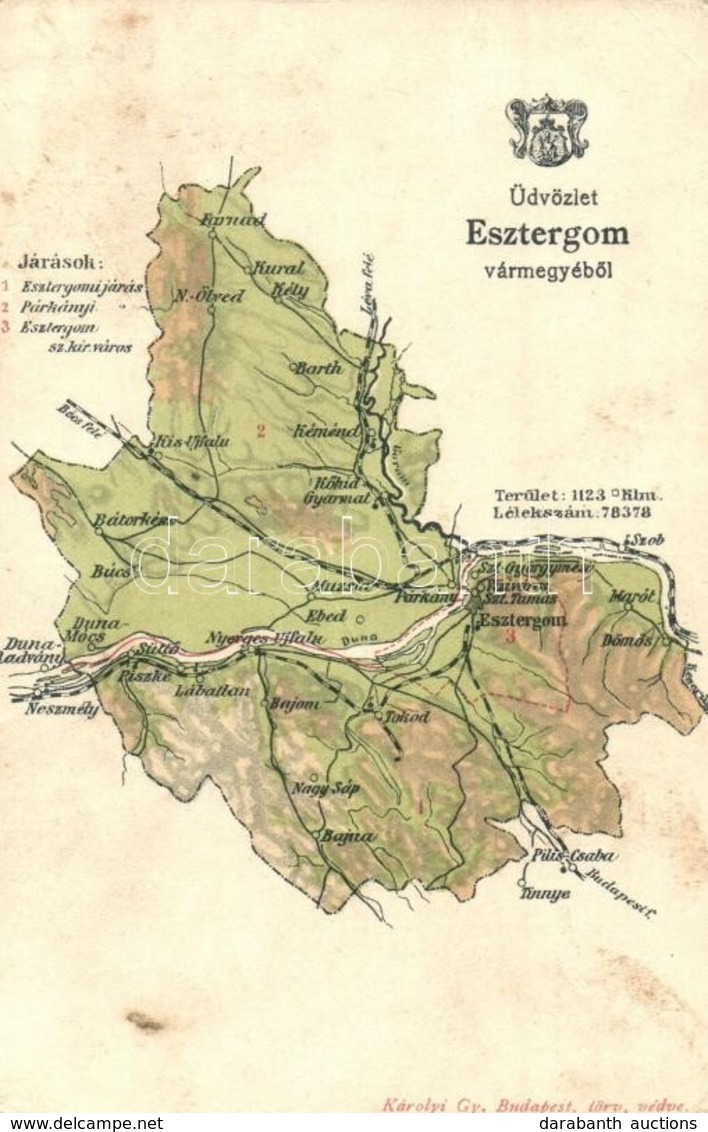 T2/T3 1900 Esztergom Vármegye Térképe; Kiadja Károlyi Gy. / Map Of Esztergom County (EK) - Unclassified