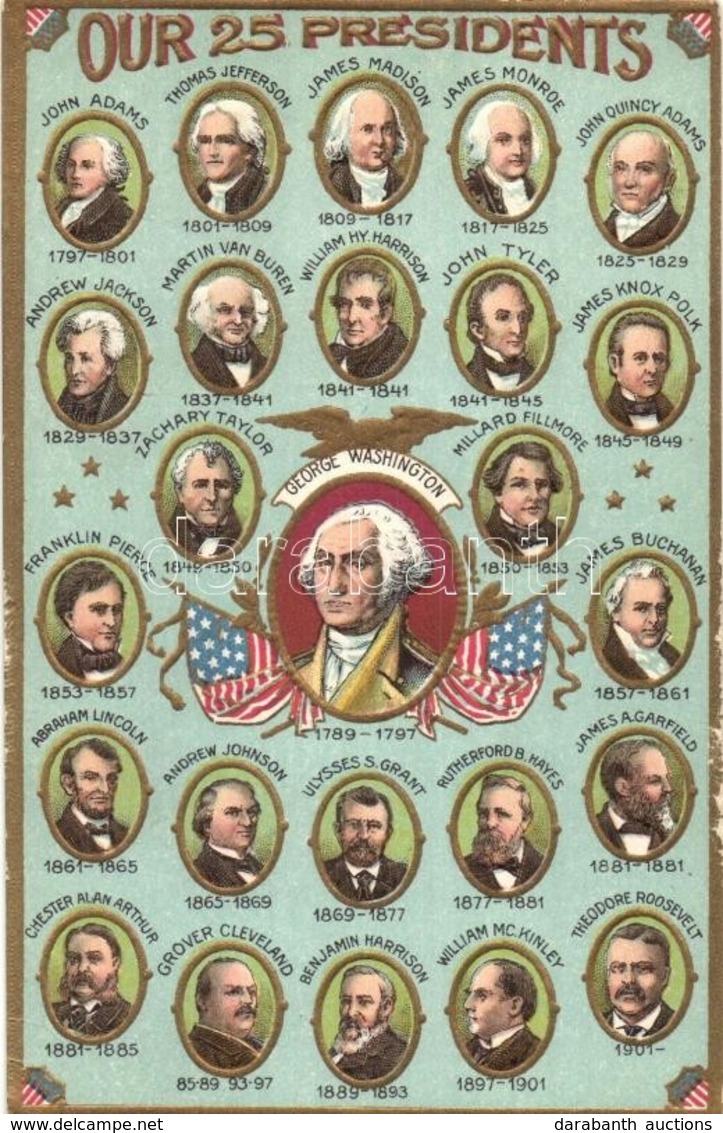 ** T2/T3 Our 25 Presidents. American Presidents With George Washington In The Middle. Flags, Emb. Litho - Zonder Classificatie