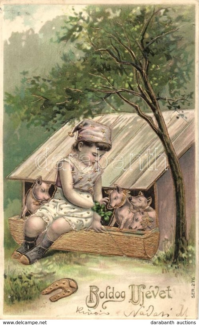 T2/T3 1909 Boldog újévet! / New Year Greeting Card, Girl With Pigs. Ser. 276. Emb. Golden Litho (kis Szakadás / Small Te - Zonder Classificatie