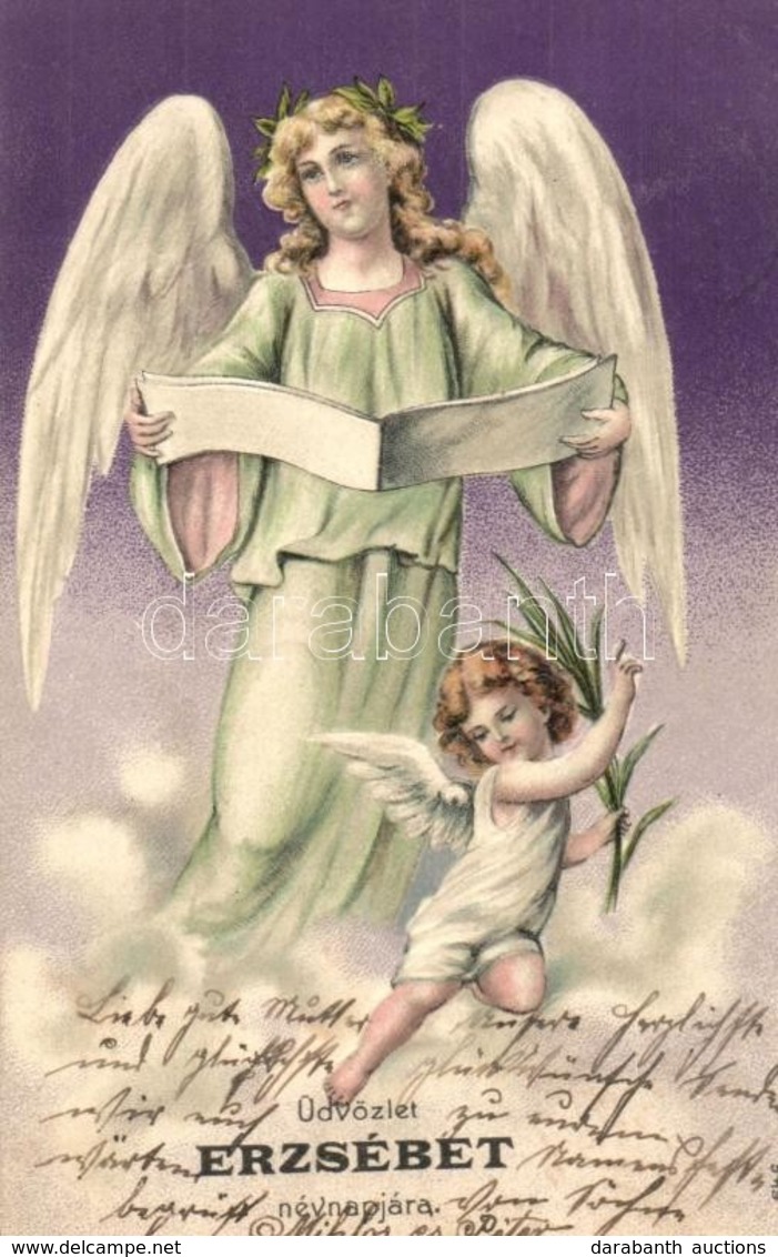 T2 1906 'Üdvözlet Erzsébet Névnapjára' / Nameday Greeting Postcard, Angel, Litho Emb. - Unclassified