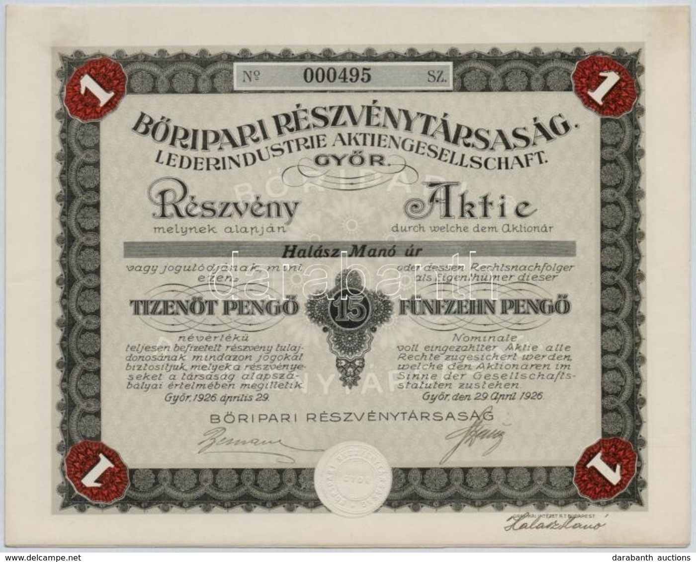 Győr 1926. 'Bőripari Részvénytársaság' Névre Szóló Részvény 15P értékben, Szelvényekkel, Szárazpecséttel T:I- - Unclassified