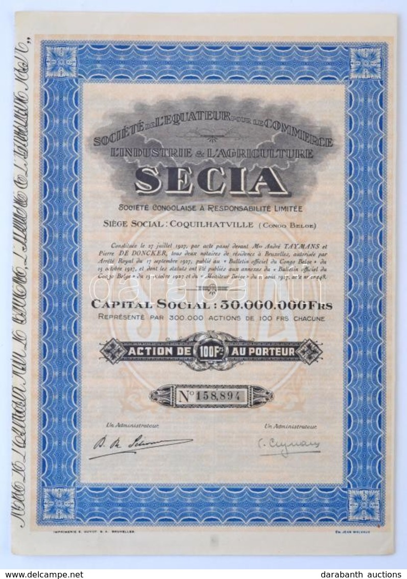 Belgium / Brüsszel 1927. 'Société De L'Equateur Pour Le Commerce L'Industrie Et L'Agriculture - SECIA Société Congolaise - Zonder Classificatie