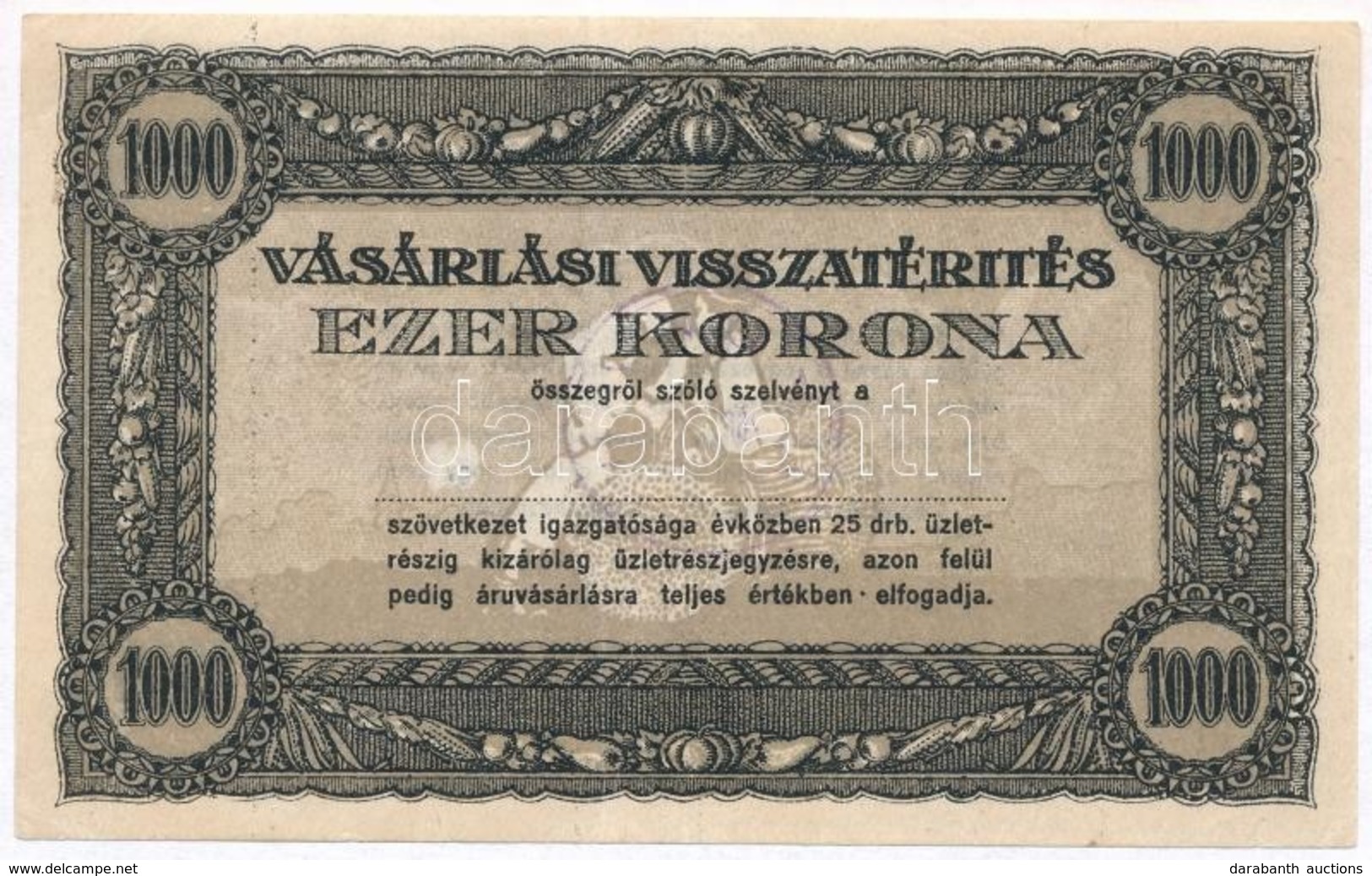 ~1920. 1000K 'Vásárlási Visszatérítés' Kitöltetlen, Olvashatatlan Bélyegzéssel T:III Szép Papír - Unclassified