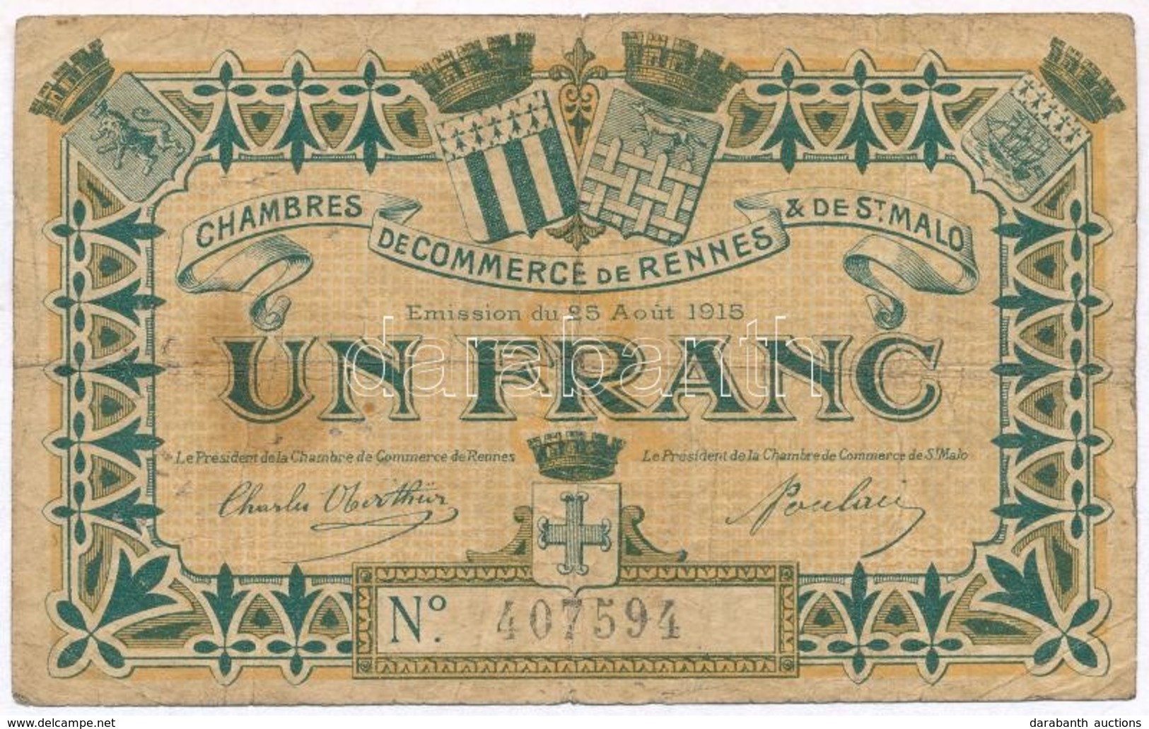 Franciaország / Rennes-i és St. Malo-i Kereskedelmi Kamara 1915. 1Fr Szükségpénz T:III- Fo., Tűly.
France / Chambre De C - Unclassified