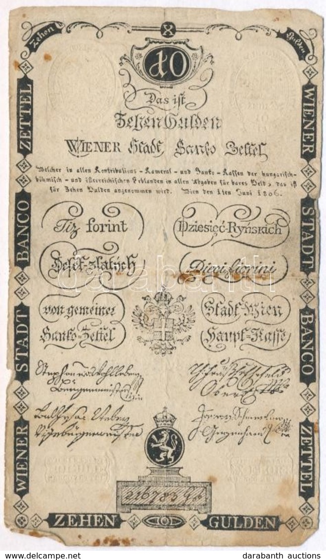 1806. 10G Vízjellel, Szárazpecsét T:III- Fo., Hajtás Mentén Ly.
Austrian Empire 1806. 10 Gulden With Watermark, Embossed - Unclassified