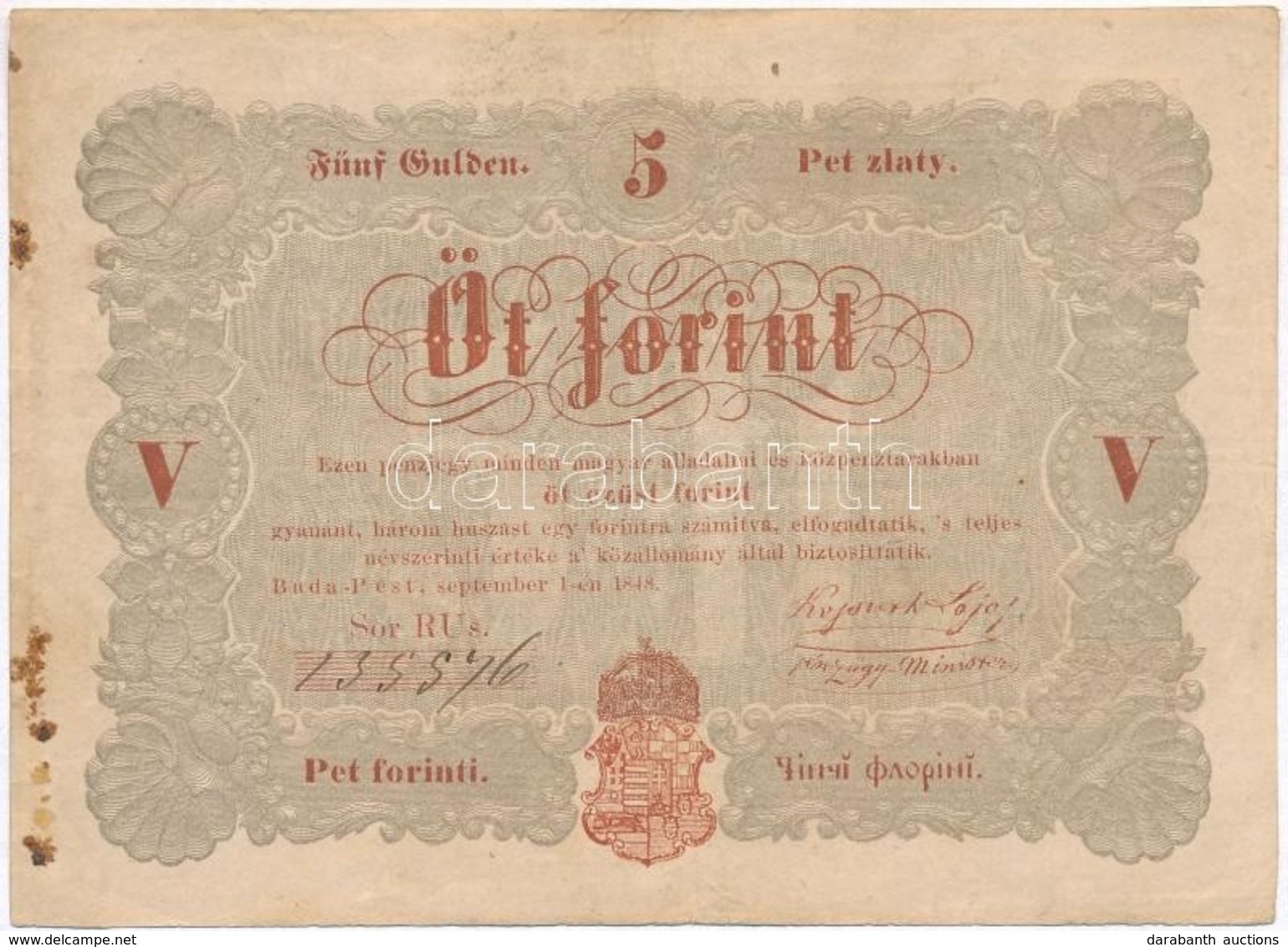 1848. 5Ft 'Kossuth Bankó' Vörösesbarna T:III Fo.
Adamo G109 - Unclassified