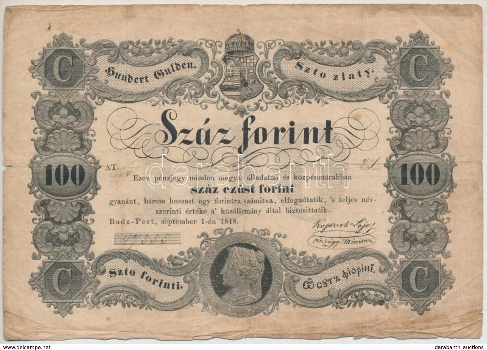 1848. 100Ft 'Kossuth Bankó' T:III-,IV
Hungary 1848. 100Ft 'Kossuth Banknote' C:VG,G 
Adamo G114 - Unclassified
