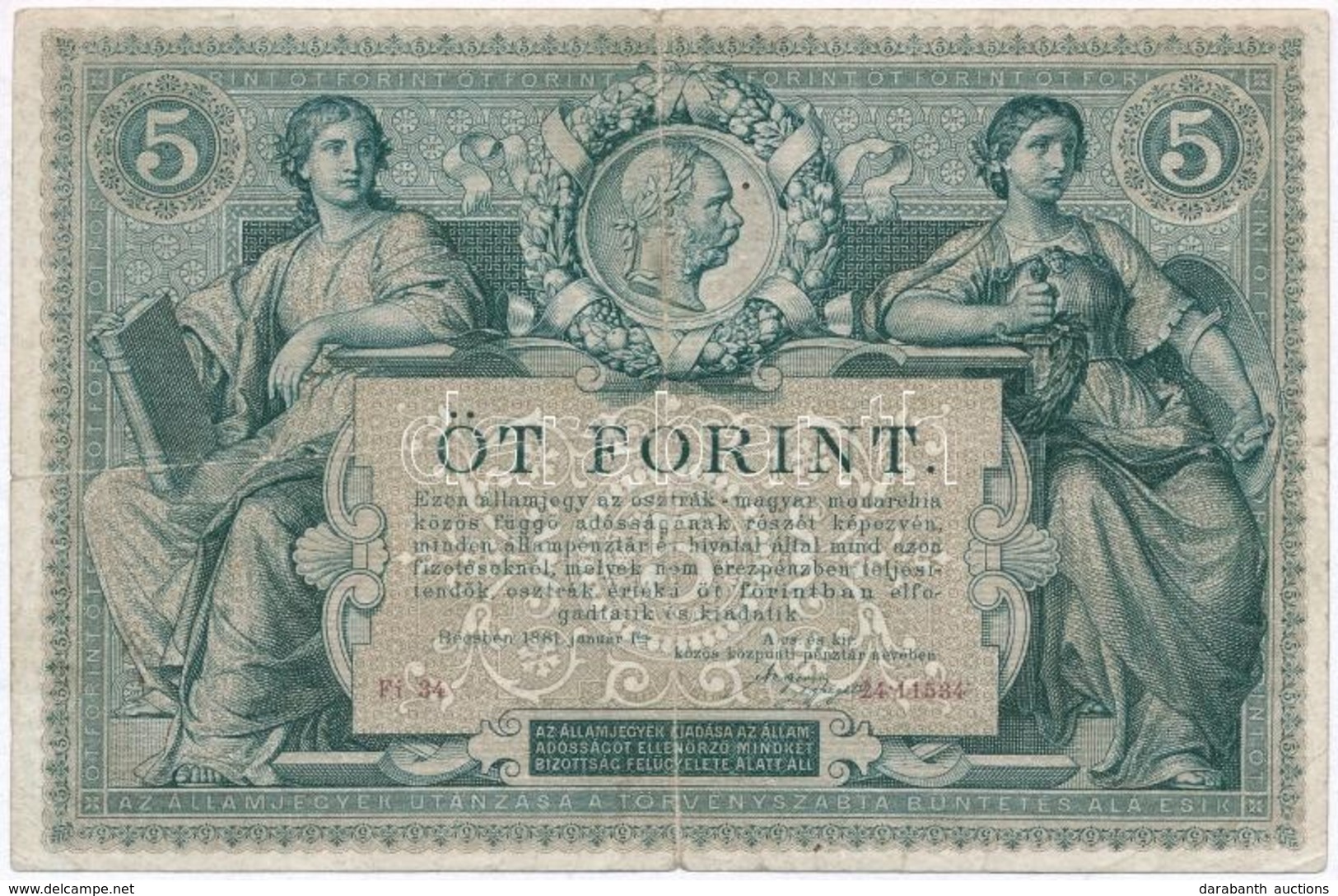 1881. 5Ft / 5G 'Osztrák-Magyar Bank' Piros Sorszámozással T:III. Tűly.
Austro-Hungarian Monarchy 1881. 5 Forint / 5 Guld - Zonder Classificatie