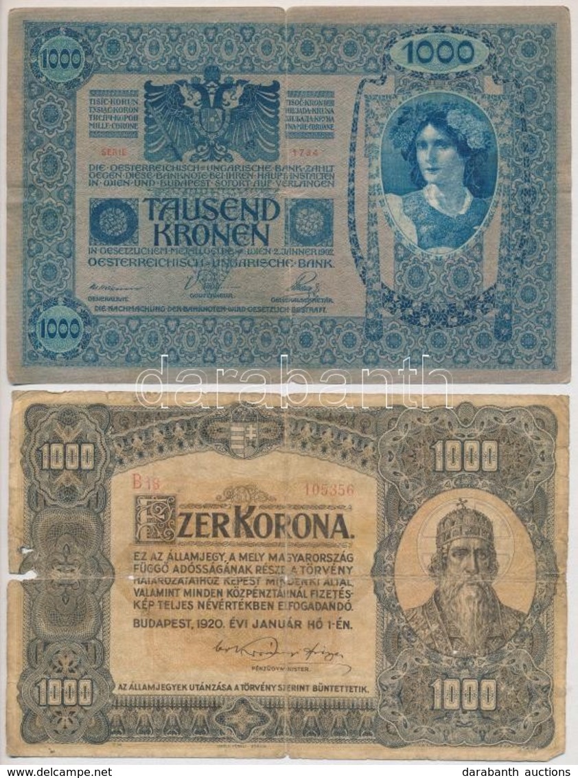 1902. 1000K Piros 'Deutschösterreich' Felülbélyegzéssel + 1920. 1000K 'Orell Füssli Zürich' T:III,III- Ly., Szakadás - Unclassified