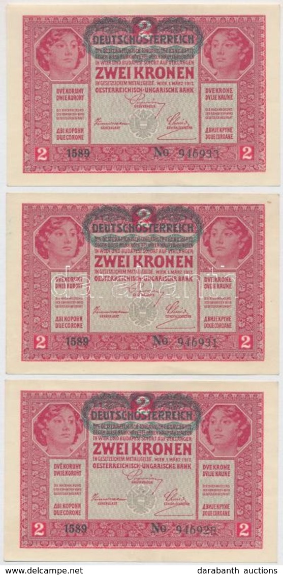 1917. 2K (3x) Közeli Sorszámok, Mindhárom 'Deutschösterreich' Felülbélyegzéssel T:I,I- - Unclassified