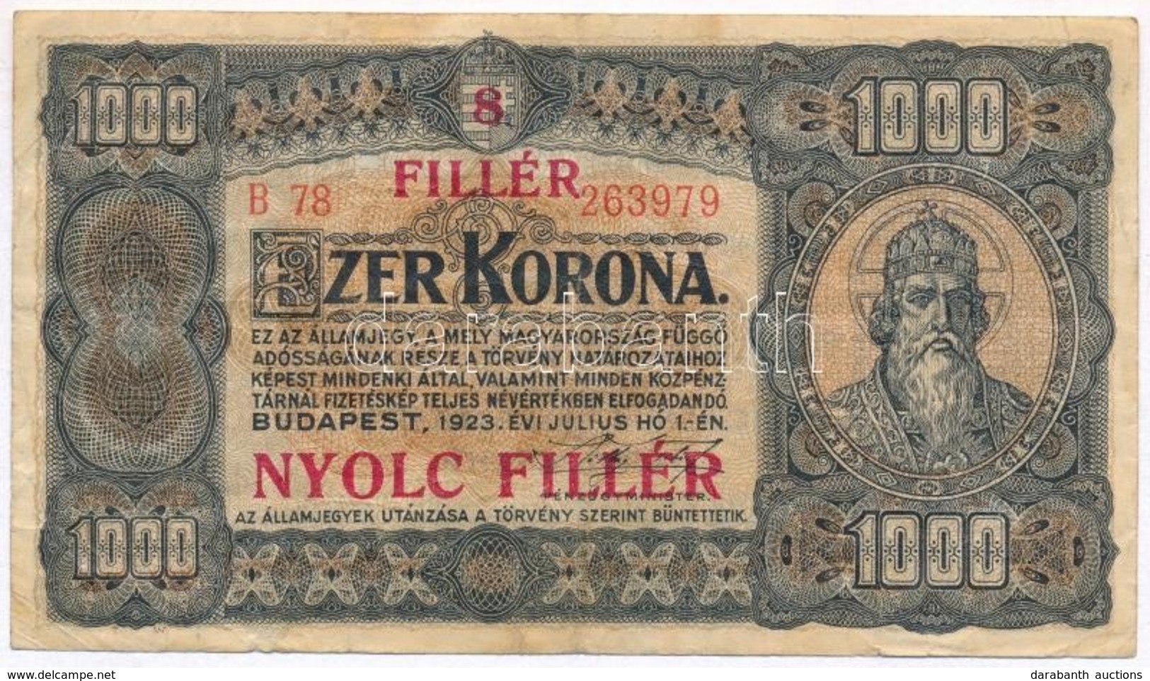 1923. 1000K '8 FILLÉR - NYOLC FILLÉR' Felülnyomással, Nyomdahely Jelölés Nélkül T:III,III- 
Adamo K37B - Unclassified