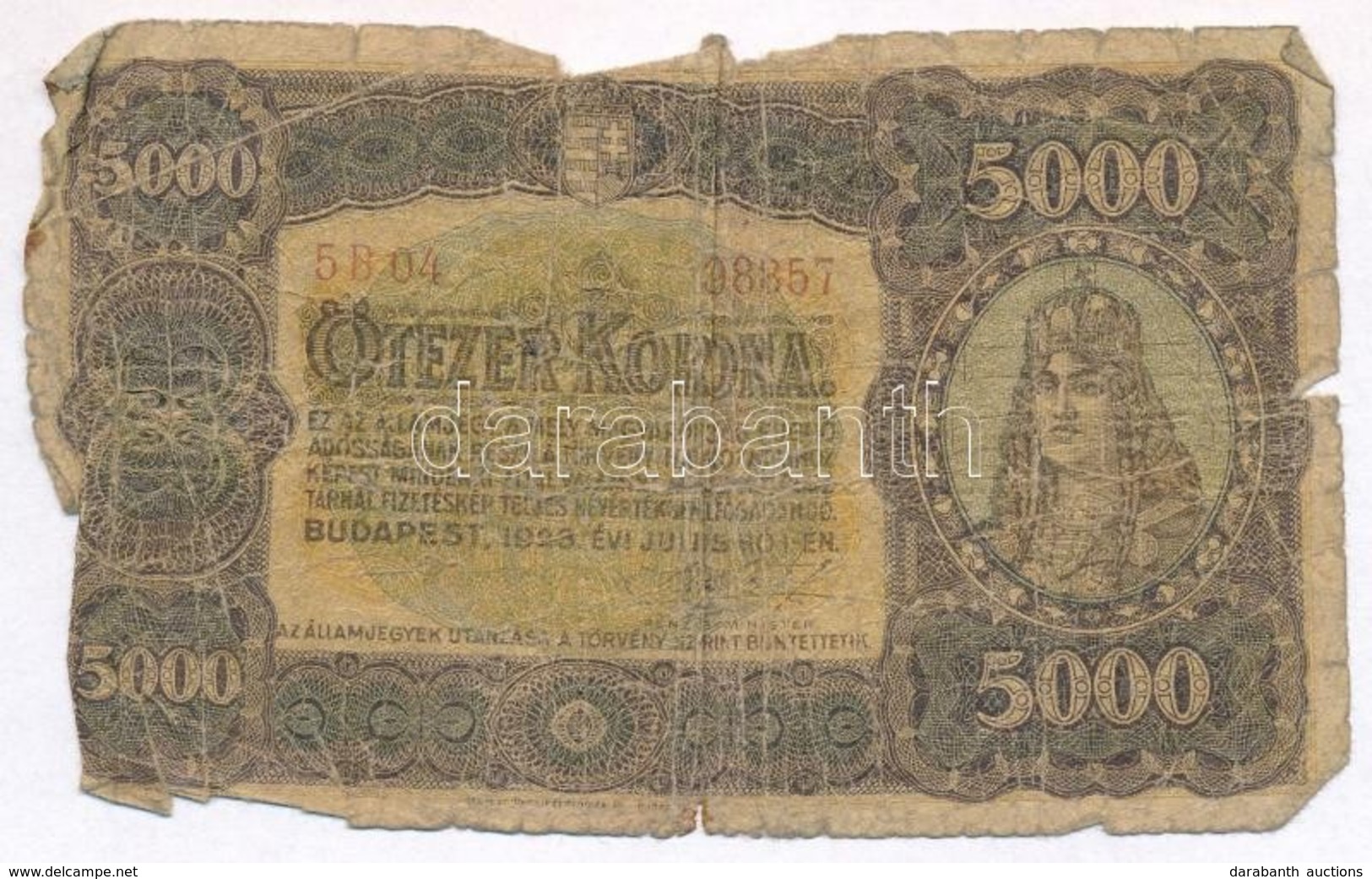 1923. 5000K 'Magyar Pénzjegynyomda Rt. Budapest' T:IV
Adamo K39 - Unclassified