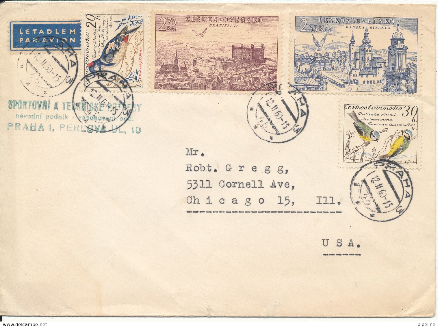 Czechoslovakia Cover Sent Air Mail To USA Praha 12-11-1960 With More Topic Stamps Incl. BIRDS - Lettres & Documents