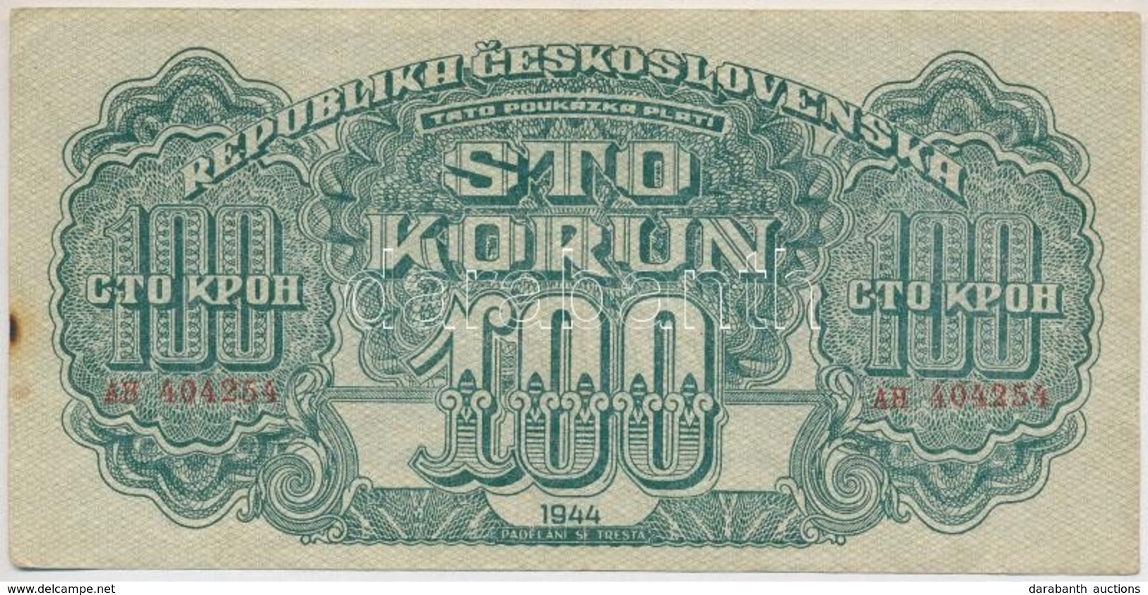 Csehszlovákia 1944. 100K T:III Fo.
Czechoslovakia 1944. 100 Korun C:F Spotted
Krause 48.a - Unclassified
