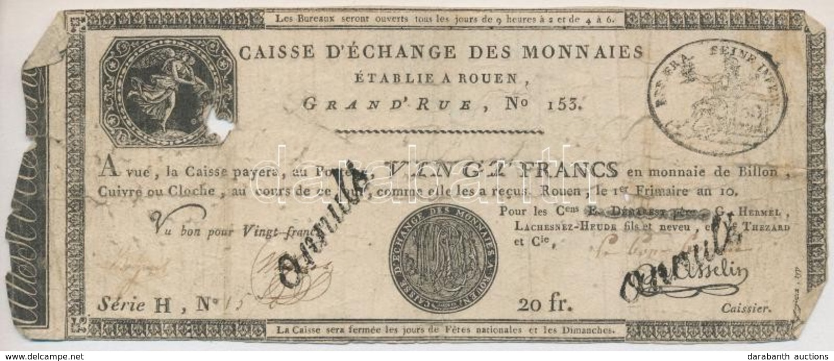 Franciaország / Rouen 1797-1803. 20Fr 'annulé (érvénytelen)' Felülbélyegzéssel T:IV France 
Rouen 1797-1803. 20 Francs ' - Zonder Classificatie