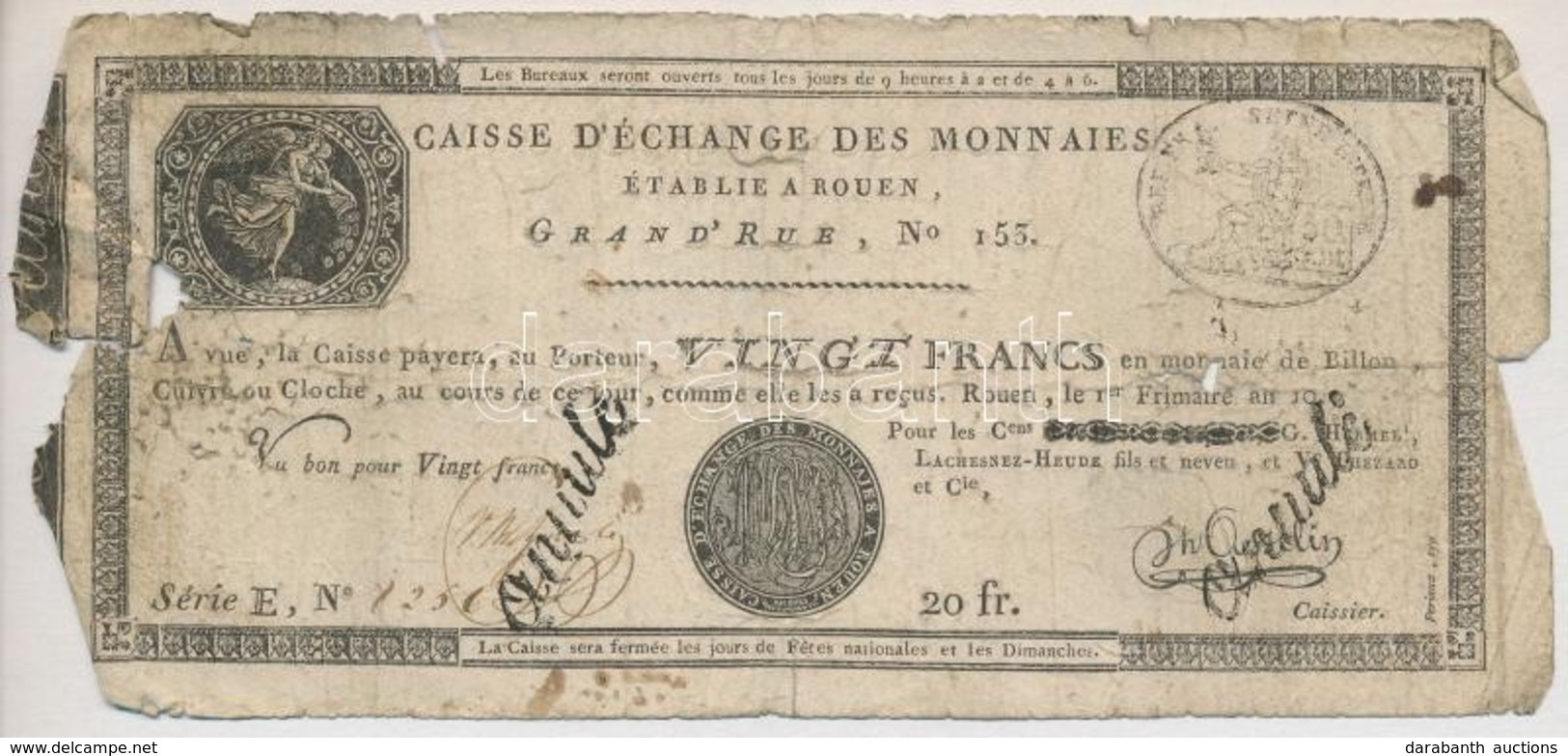 Franciaország / Rouen 1797-1803. 20Fr 'annulé (érvénytelen)' Felülbélyegzéssel T:IV France 
Rouen 1797-1803. 20 Francs ' - Zonder Classificatie