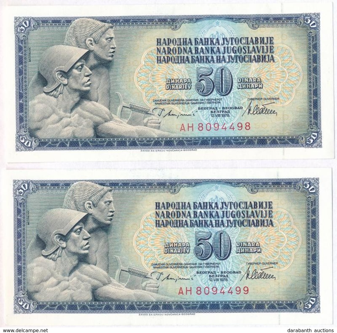 Jugoszlávia 1978. 50D (2x) Sorszámkövető T:II
Yugoslavia 1978. 50 Dinara (2x) Sequential Serials C:XF
Krause 88.a - Unclassified