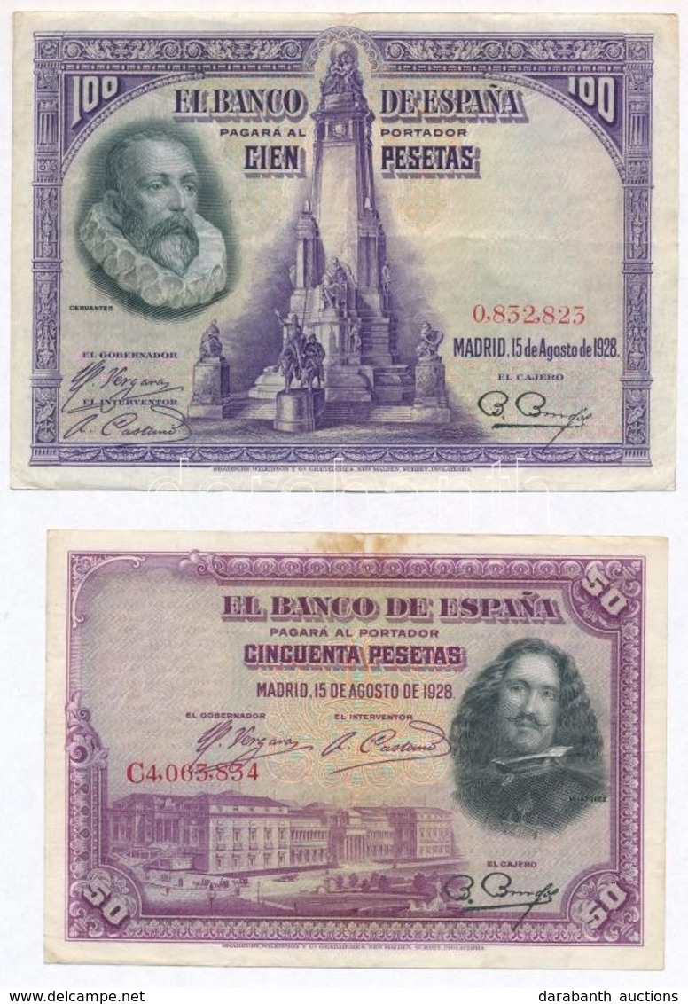 Spanyolország 1928. 50P + 100P T:III
Spain 1928. 50 Pesetas + 100 Pesetas C:F 
Krause 75, 76 - Zonder Classificatie