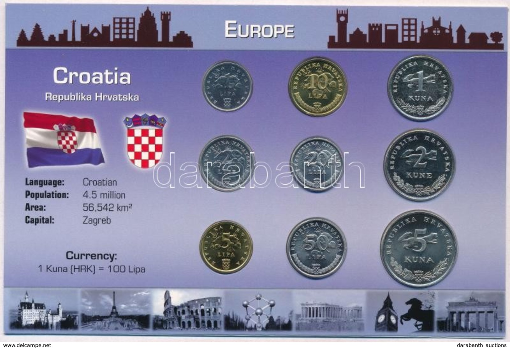Horvátország 2002-2008. 1l-5K (9xklf) Fémpénz Szettben, Holland Nyelvű Leírással T:1 
Croatia 2002-2008. 1 Lipa - 5 Kuna - Zonder Classificatie