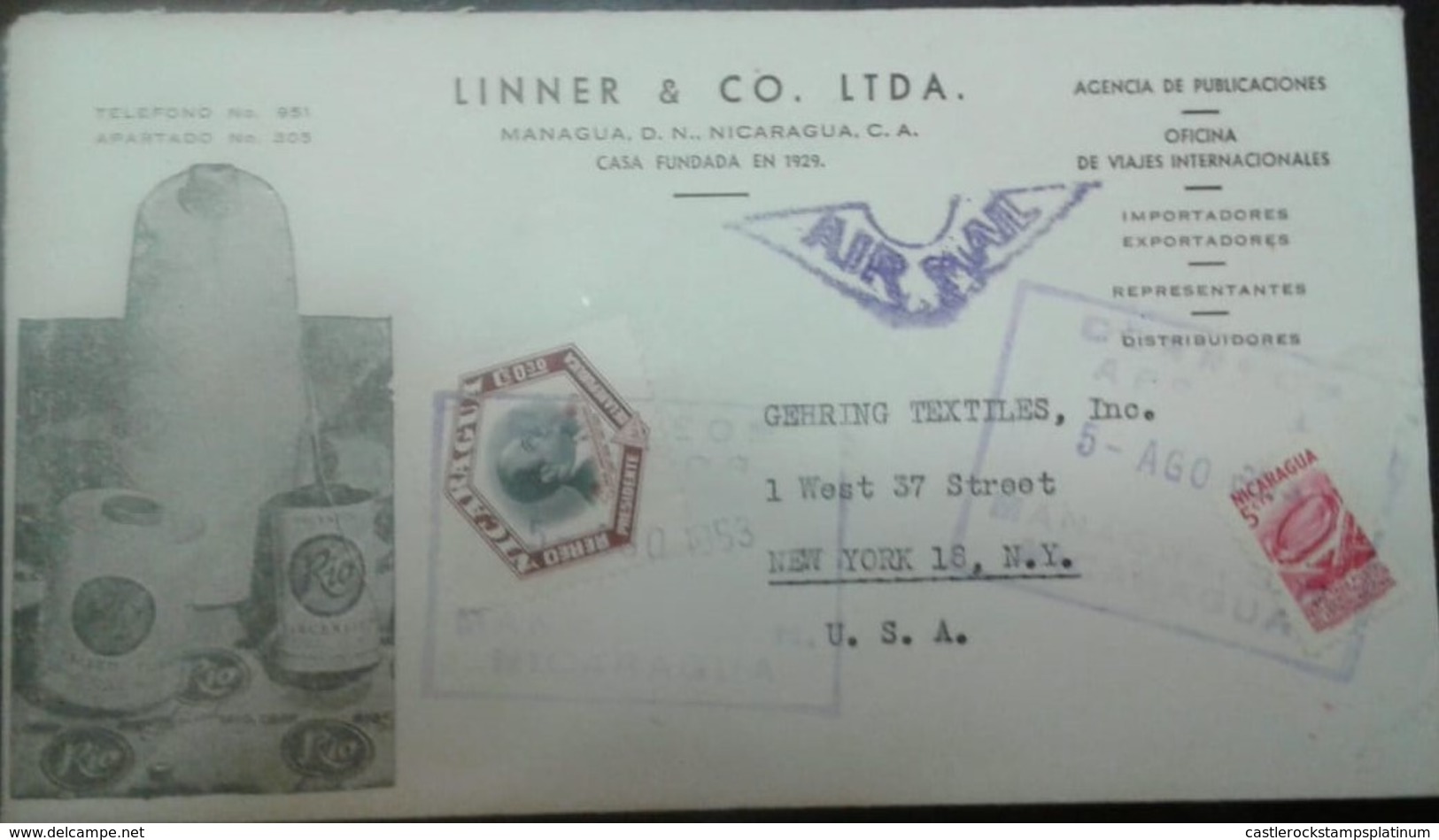 O) 1953 NICARAGUA, GE. ANASTASIO SOMOZA SC  C330 30c, LINNER AND CO LTDA, AIRMAIL TO USA FROM MANAGUA - Nicaragua