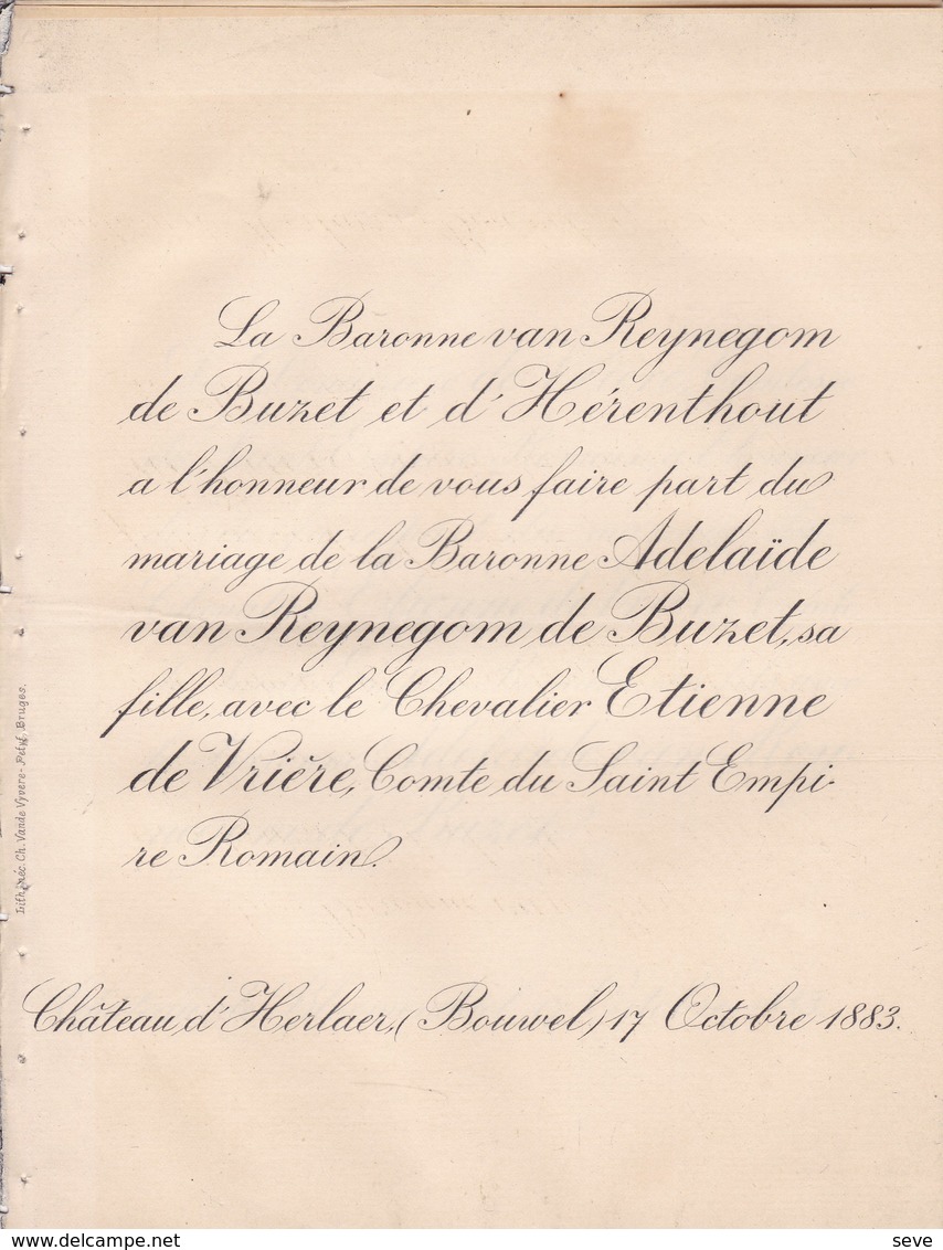 Château D'GERLAER BOUWEL 1883 Mariage Etienne De VRIERE Et Adelaïde Van REYNEGOM De BUZET Les 2 F-p échangés - Mariage