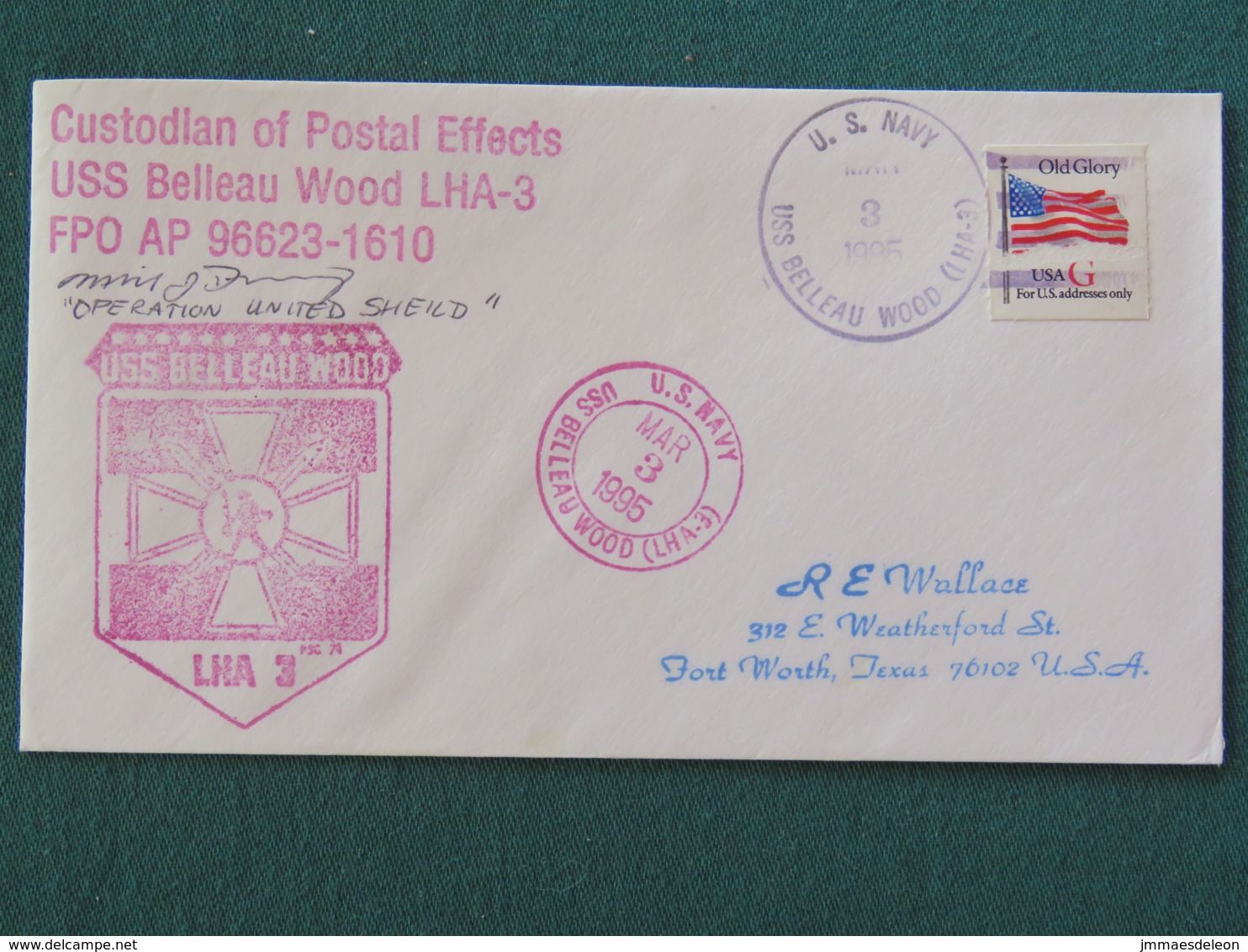 USA 1995 Cover From Ship USS Belleau Wood In Mission In Somalia "Operation United Shield - UNOSOM II" To Texas - Flag - Covers & Documents