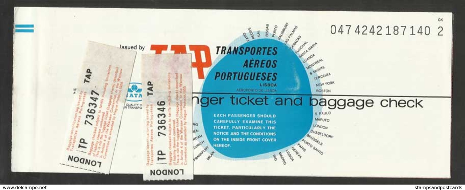 Billet D' Avion 1980 TAP Air Portugal Talon Bagage Pub Vin Mateus Rosé Airplane Ticket TAP Rose Wine Pub - Europe