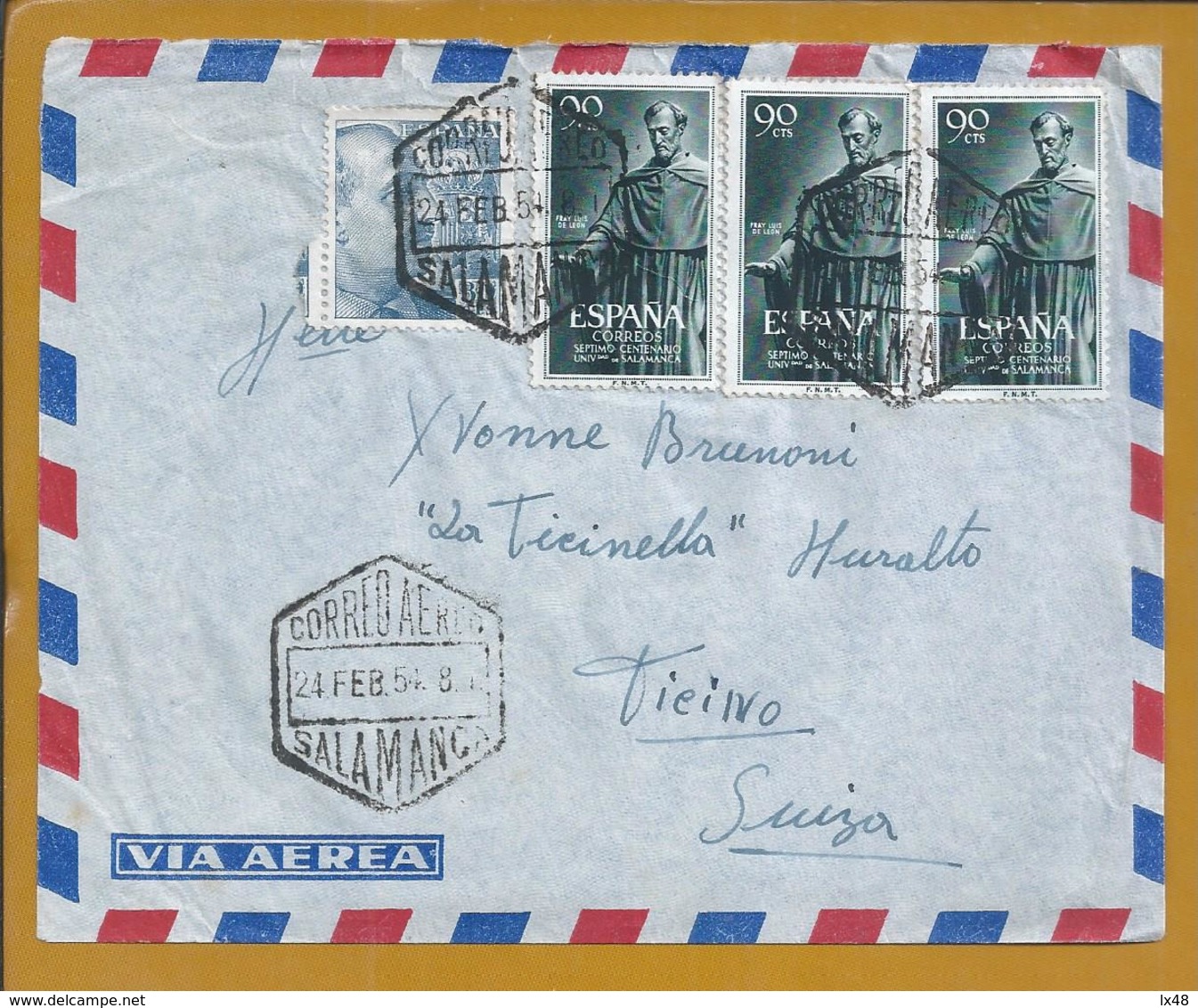 Letter From Salamanca With 3 Stamps From Frei Luis De Leon.700 Years University Of Salamanca.Air Mail.Catholic Church. - Covers & Documents