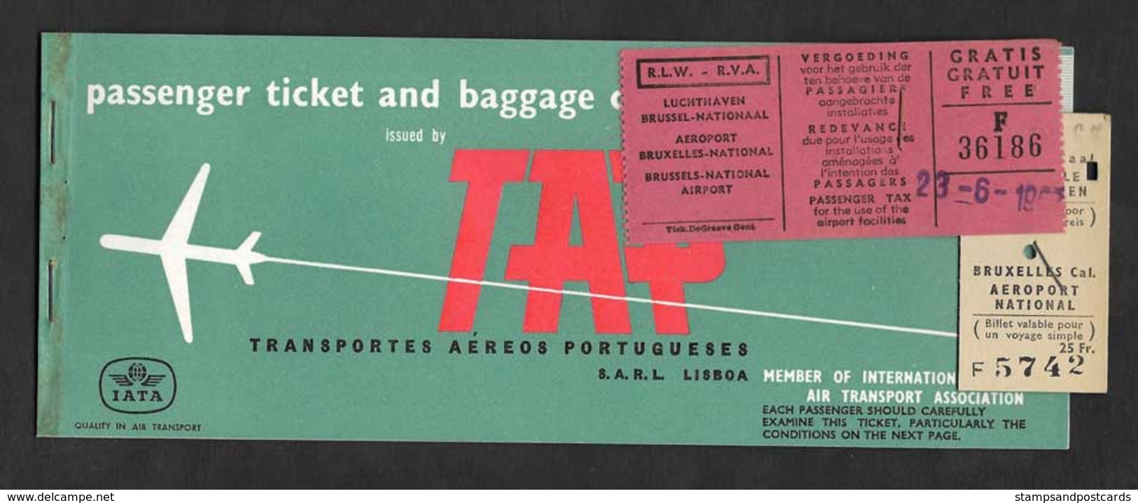 Billet D' Avion 1967 TAP Air Portugal Lisbonne Bruxelles Belgique Taxe D'aéroport Lisbon Brussels Belgium Plane Ticket - Europe