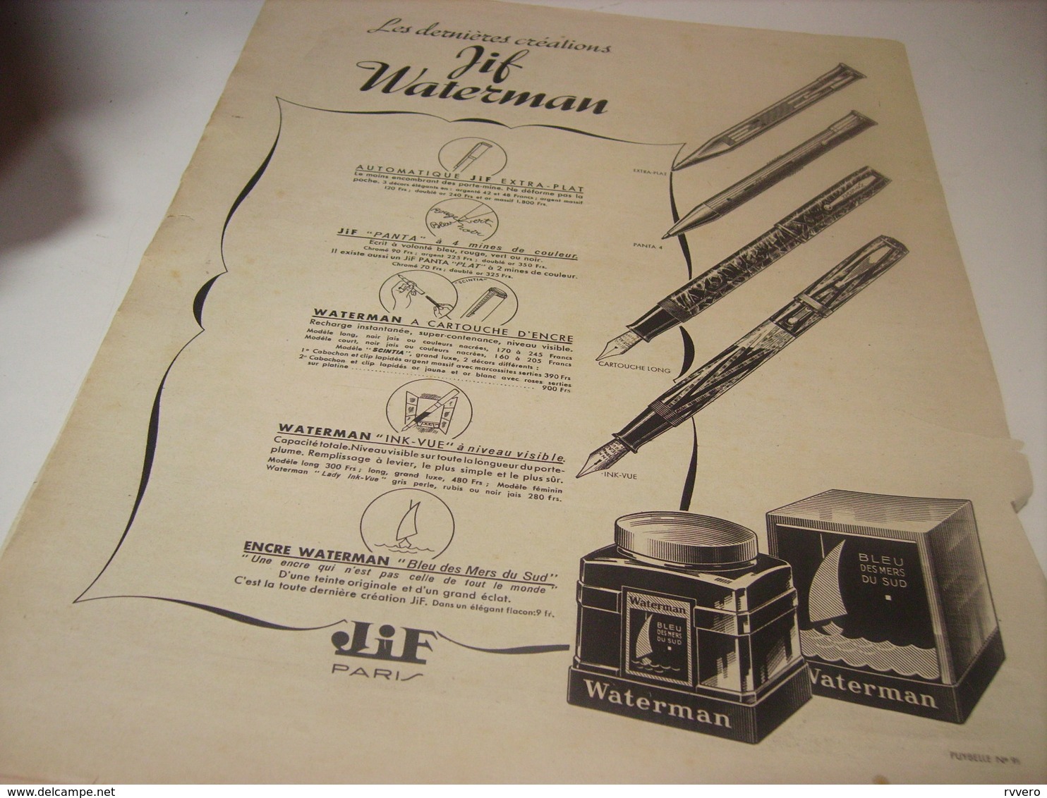 ANCIENNE PUBLICITE STYLO DERNIERE CREATIONS JIF WATERMAN 1940 - Autres & Non Classés