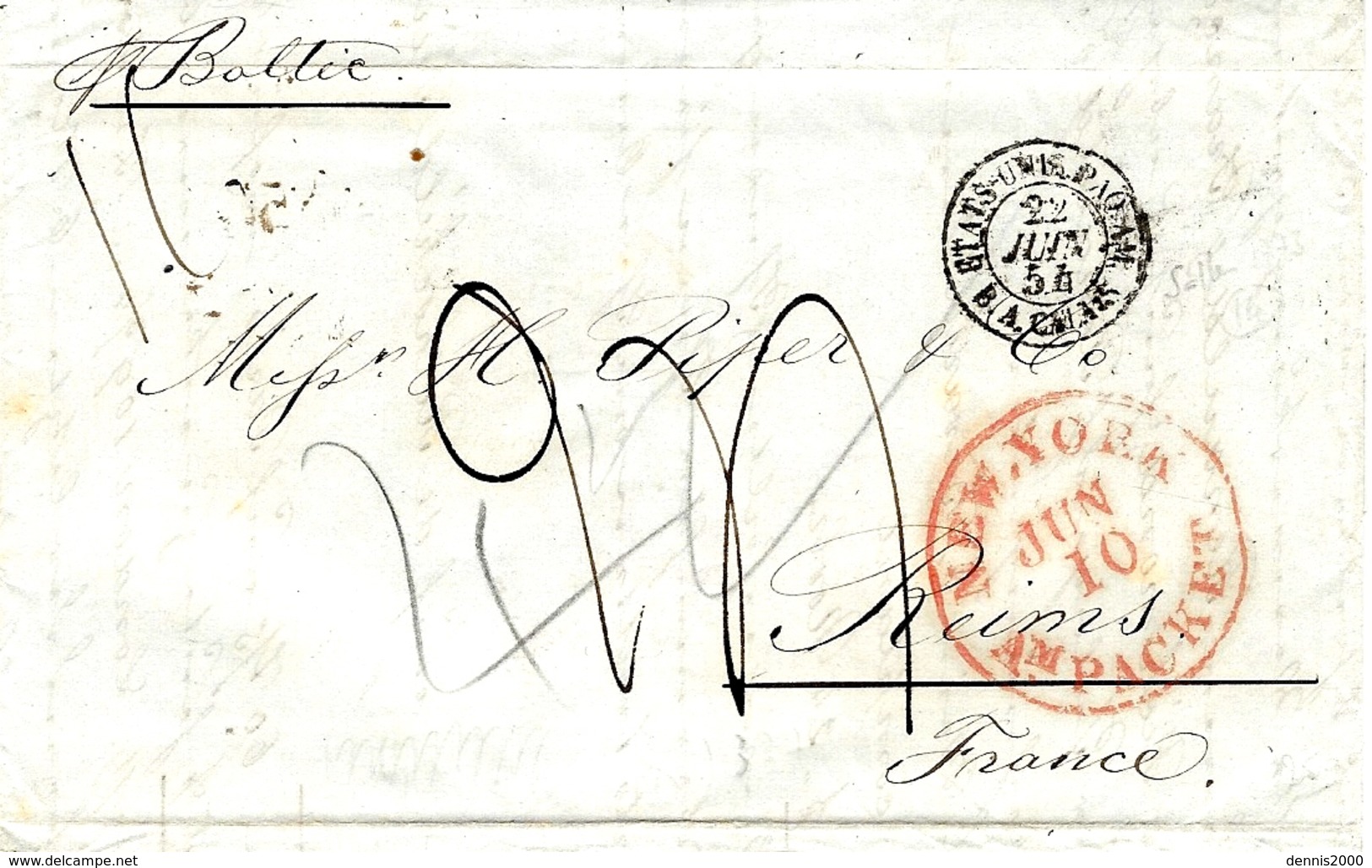 1854- Lettre De N Y Pour Reims ( Marne ) Steamer " Baltic" Taxe 24 Entrée: ETATS-UNIS-PAQ-AM / B.A. CALAIS - Entry Postmarks