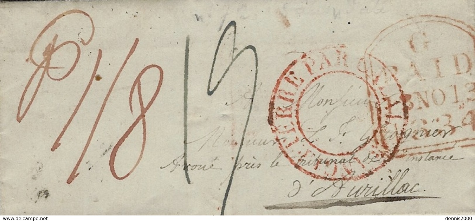 1824 -letter From BELFORD To Aurillac ( France ) Entr. Red ANGLETERRE PAR CALAIS - ...-1840 Préphilatélie