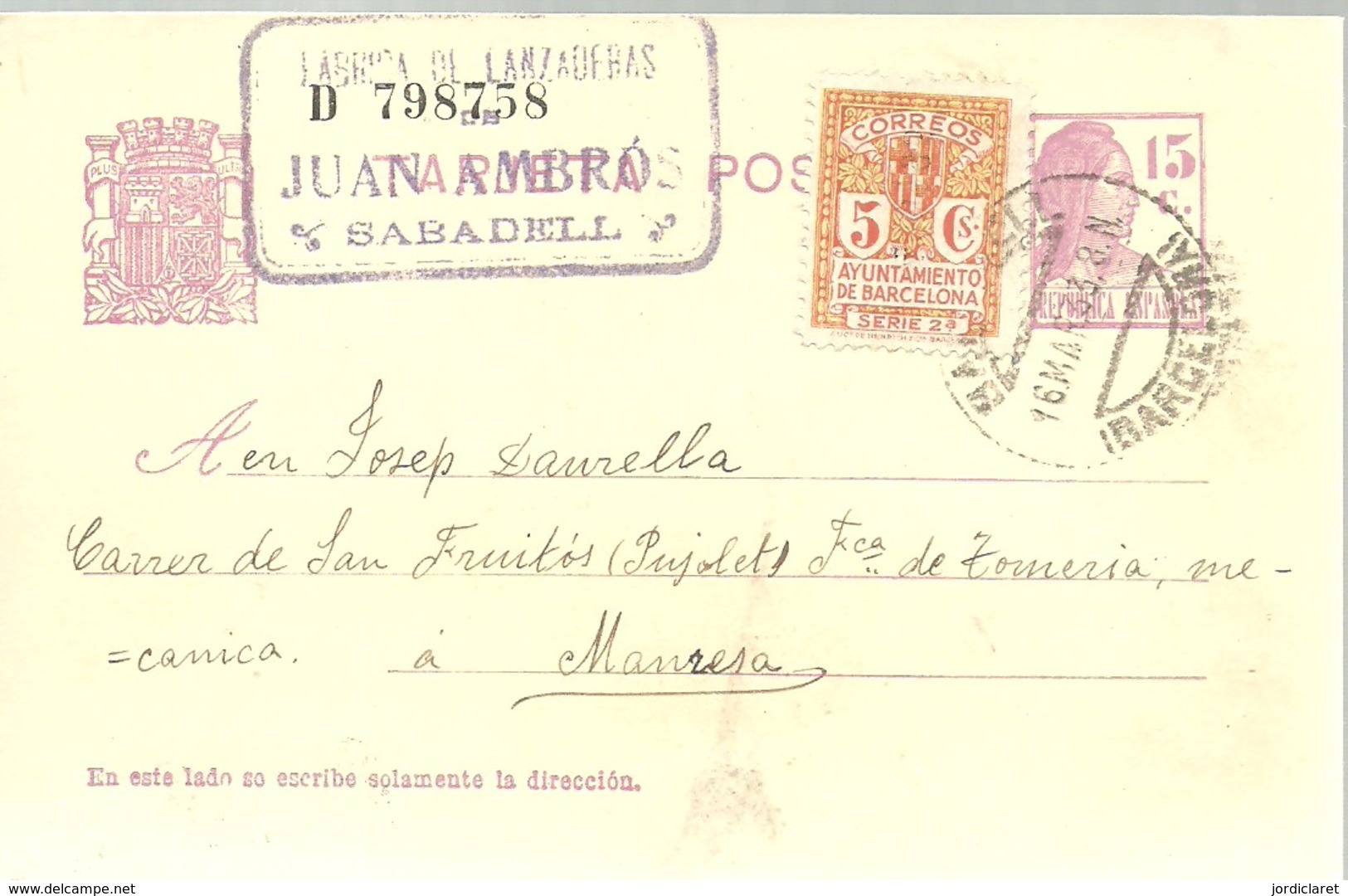 E.P 1933 SABADELL  SELLO AYUNTAMIENTO - 1931-....