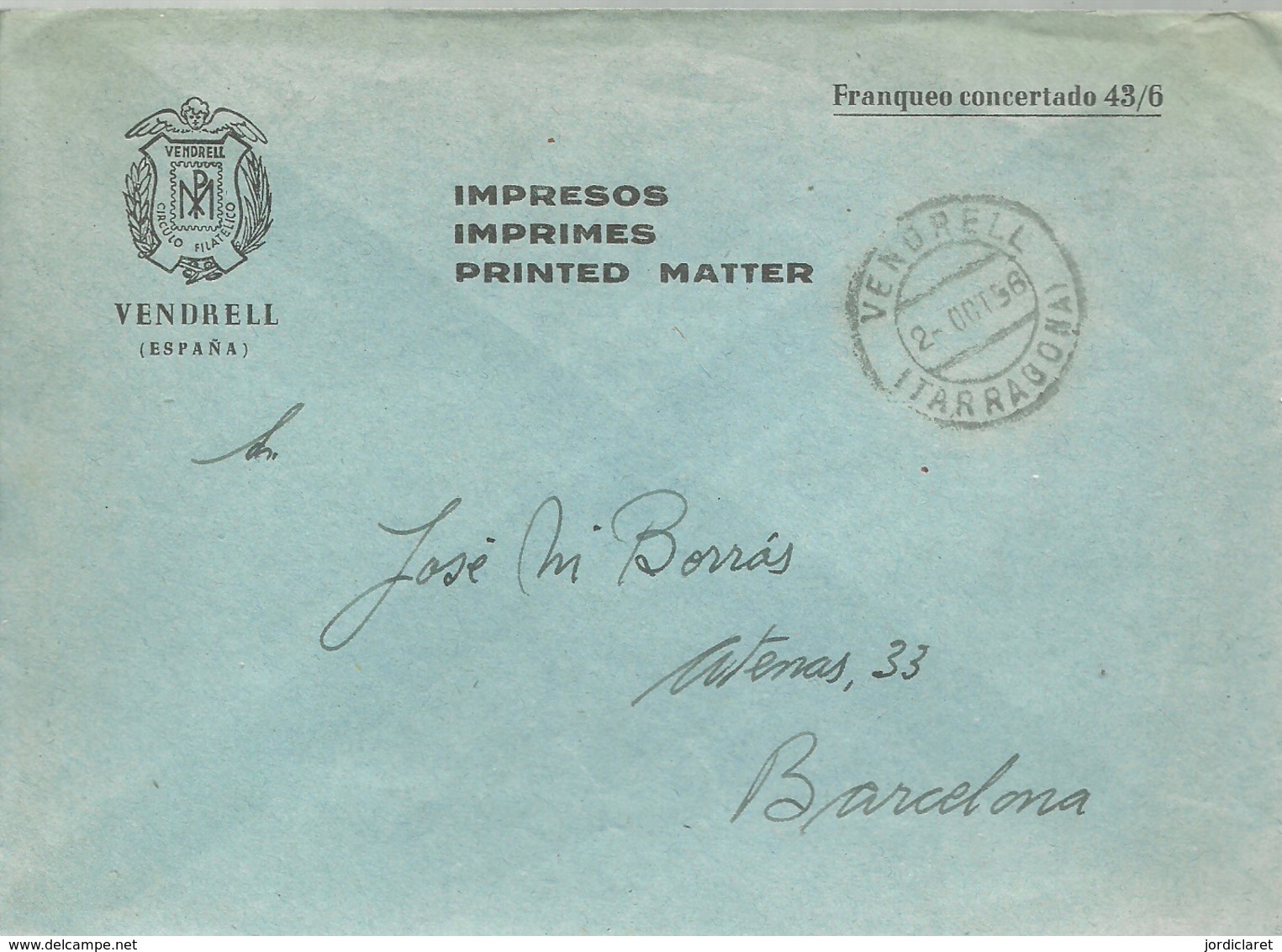 CARTA 1956 EL VENDRELL FRANQUEO CONCERDADO - Cartas & Documentos