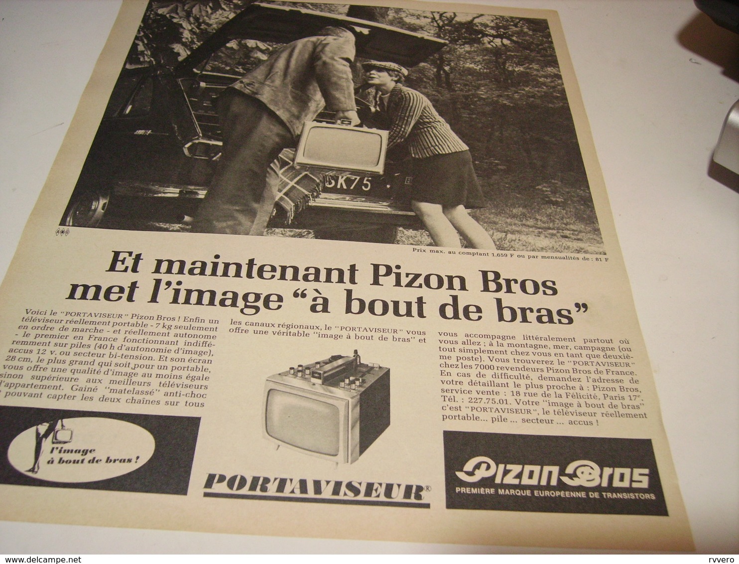 ANCIENNE  PUBLICITE TELEVISION PORTAVISEUR DE PIZON BROS 1966 - Manifesti & Poster