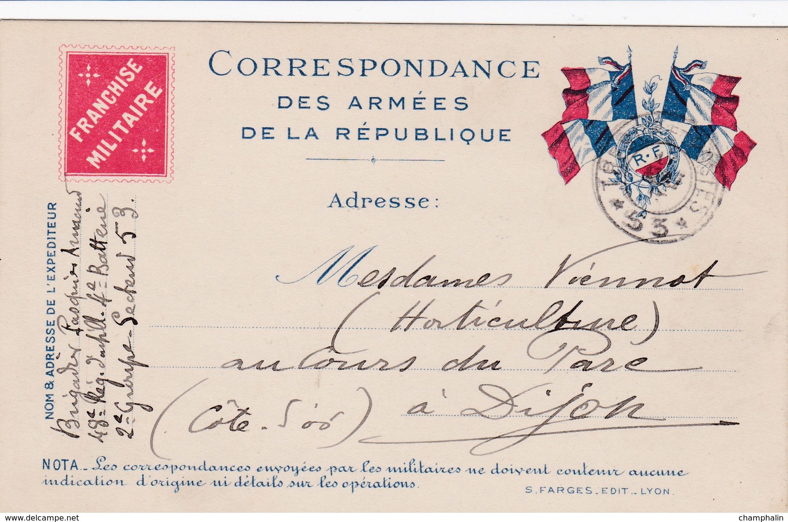 Carte De Correspondance Des Armées - Pour Dijon (21) - 16 Mai 1915 - 48ème Régiment D'Artillerie - SP N°53 - Guerre De 1914-18