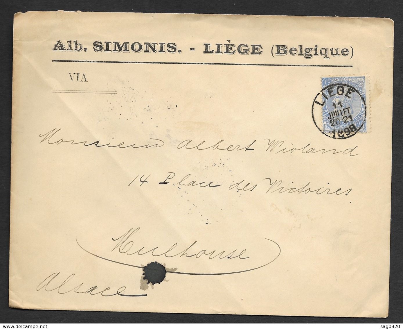 Belgique-Enveloppe De Liège Pour Mulhouse Alsace - 1893-1900 Fine Barbe