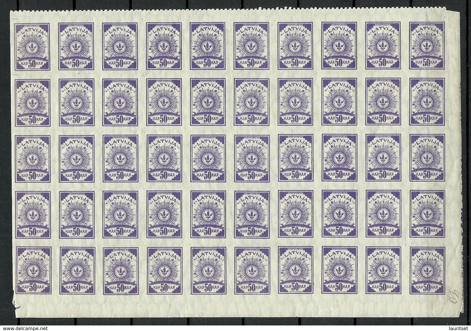 LETTLAND Latvia 1919 Michel 22 Half Of Sheet Of 50 MNH Incl Upper Row Perforated 9 3/4 - Lettonie