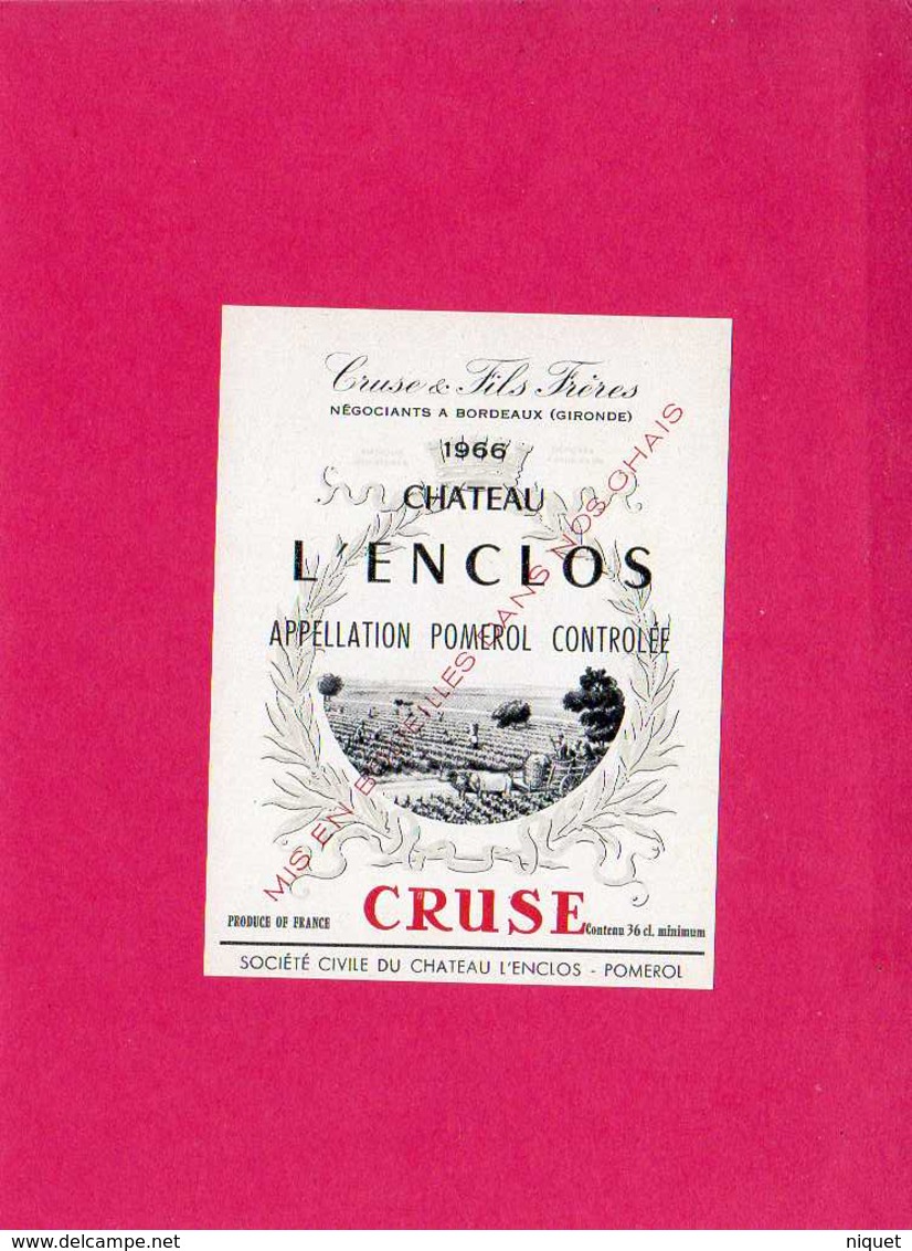 Etiquette Vin, Château L'Enclos, Appellation POmerol Contrôlée, 1966, Cruse, Format Fillette - Collections & Sets