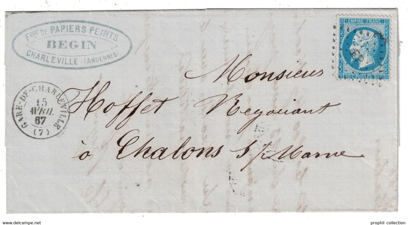 1867 - CAD GARE-DE-CHARLEVILLE (7) AVEC TRAITS D'UNION Sur LAC N °22 LOSANGE AMBULANT E.P. INDICE 17 COTE 220 ARDENNES - 1849-1876: Période Classique