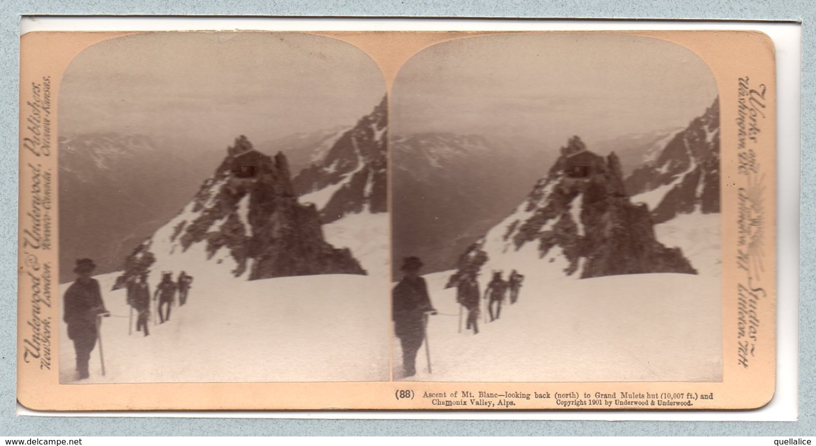 0710 "88 ASCENT OF MT. BLANC LOOKING BACK TO GRAND MULETS HUT AND CHAMONIX VALLEY , ALPS - 1901" ANIMATA. STEREOSC. ORIG - Cartes Stéréoscopiques