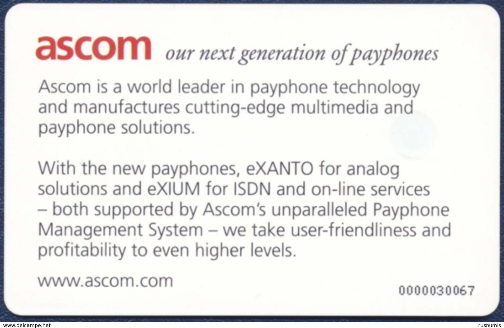 ASCOM TRIAL ISSUE TELEPHONE CARD TELECARD TELECARTE NEXT GENERATION OF PAYPHONES PERFECT - Other - Europe