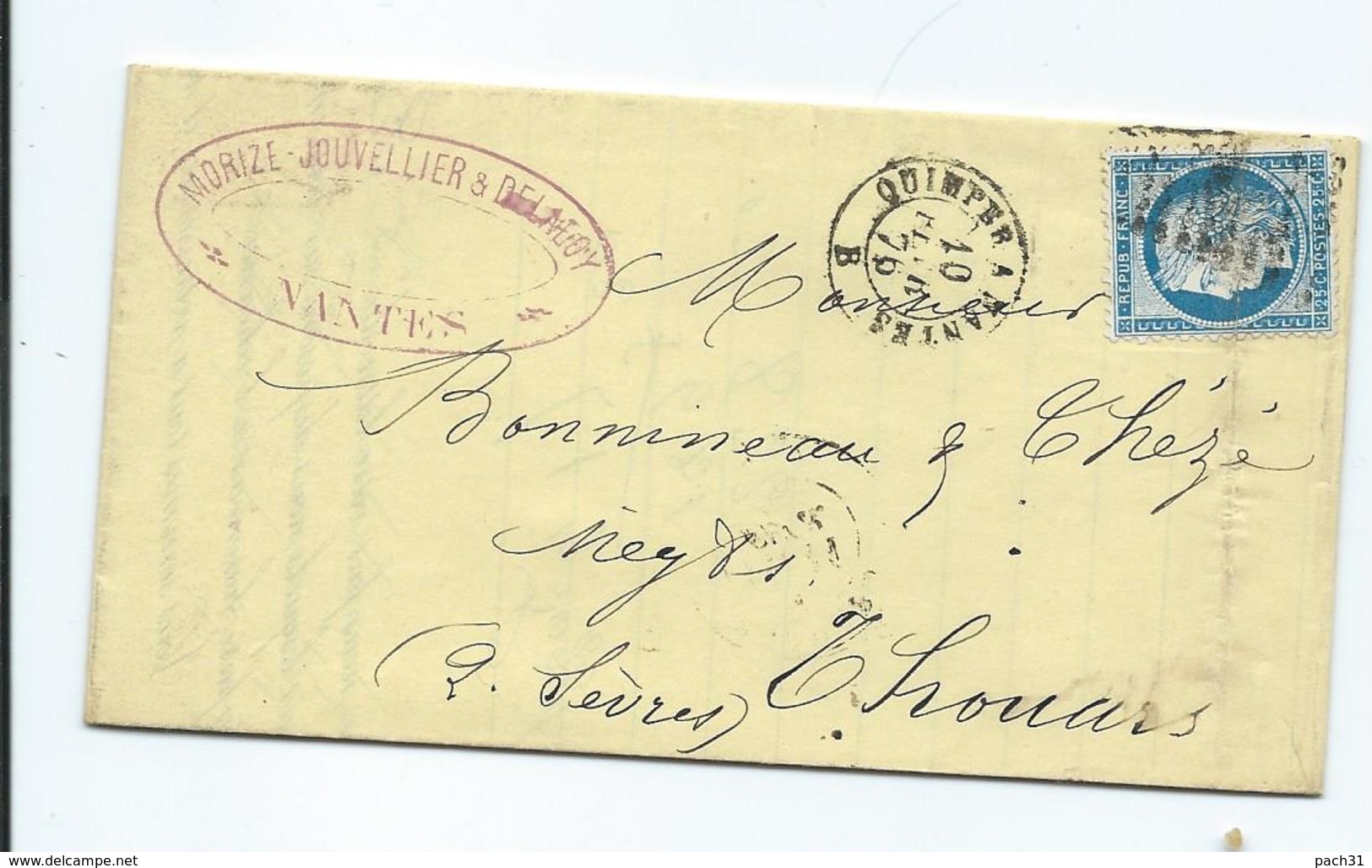 N° YT 60c Sur Lettre De Nantes à Thouars 1876  Convoyeur Quimper à Nantes - 1849-1876: Période Classique