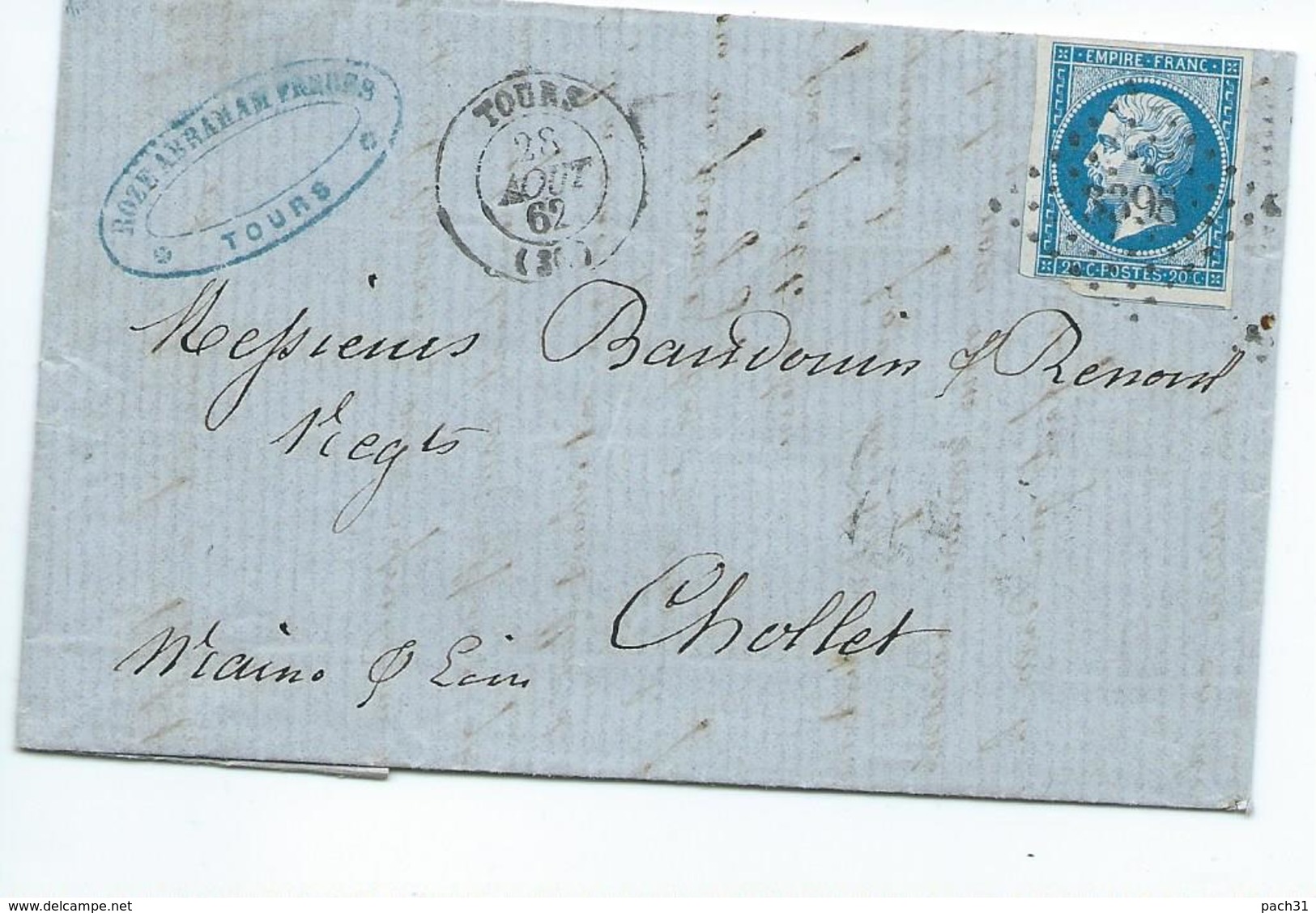 N° YT 14A Sur Lettre De Tours Pour Cholet 1862  Convoyeur Paris à Nantes - 1849-1876: Période Classique