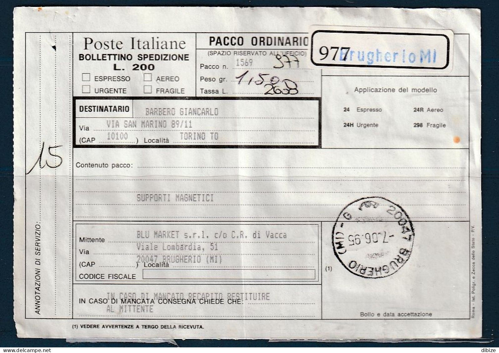 Italie. 10 Bulletins d'expédition de colis Ordinaires. Timbres. Cachets postaux 1995. Etat moyen.