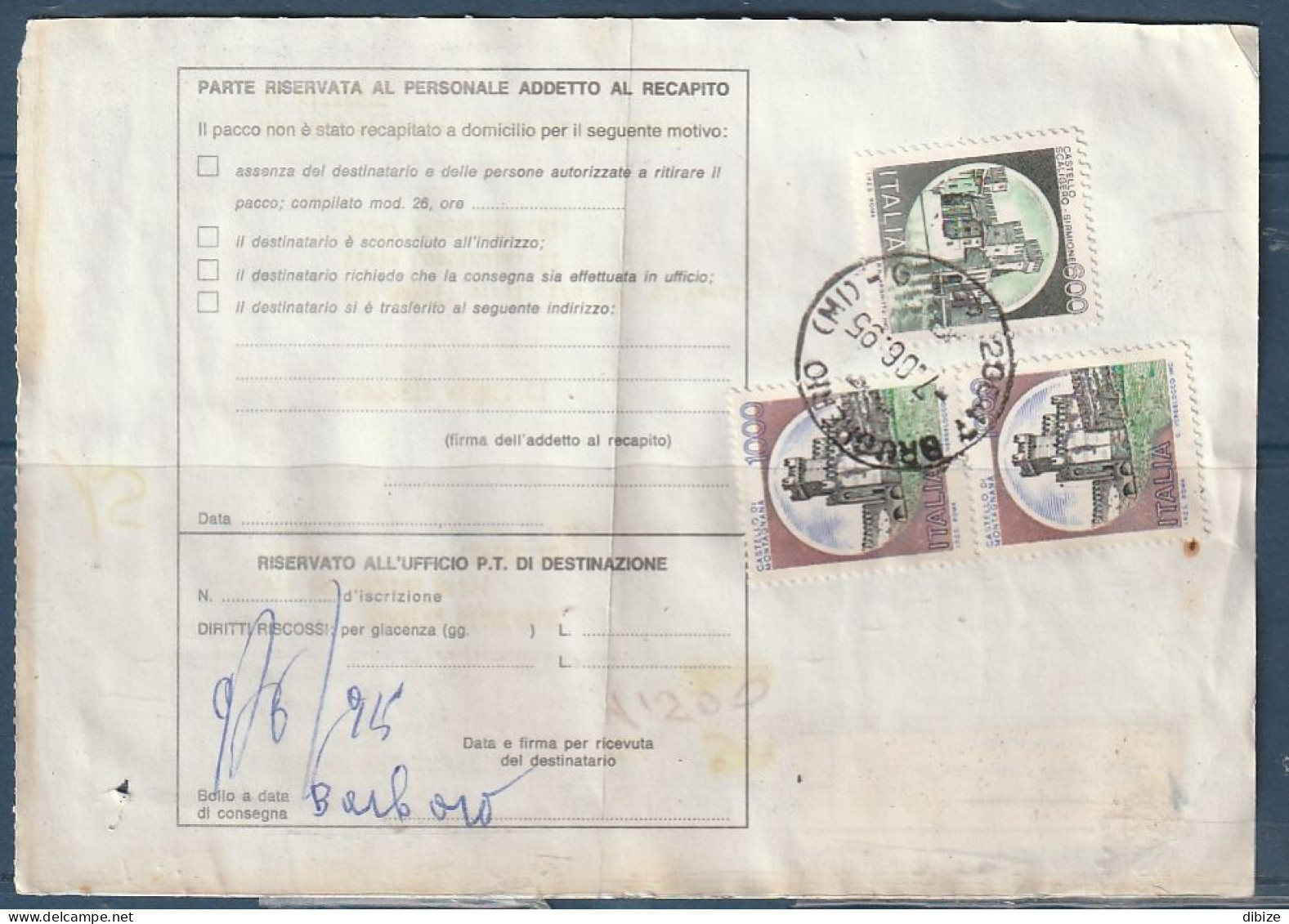 Italie. 10 Bulletins d'expédition de colis Ordinaires. Timbres. Cachets postaux 1995. Etat moyen.